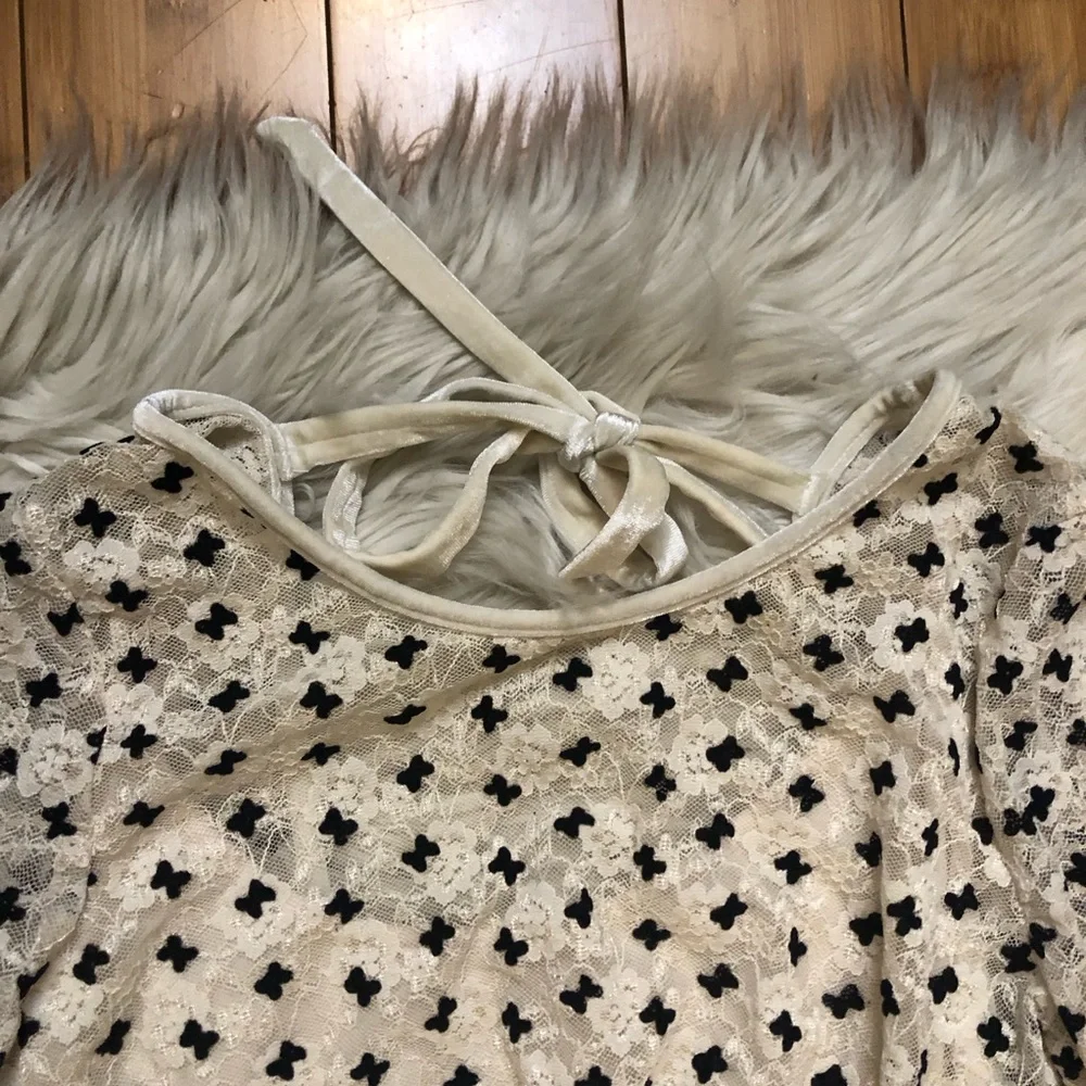 Free People Sheer Delight Polka Dots Bow Mesh Open Back Black Cream Mini size S